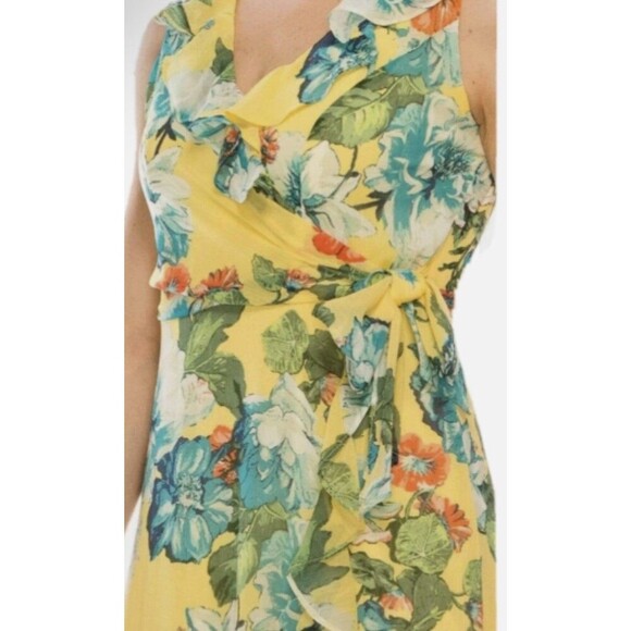 LONDON TIMES Sleeveless Flowy Floral Faux Wrap Dress Size 14 Yellow Vacation - Picture 7 of 7